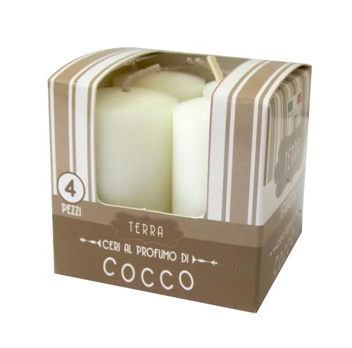 Set da 4 Candele profumate Melrose - Profumazione Cocco - Fragranza Che dà Ispirazione - Diametro 3 cm Altezza 5 cm - Durata Ore