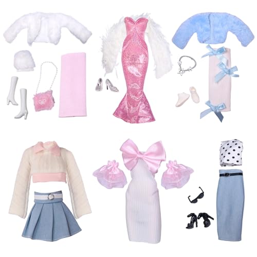 UJBVCX 20 peças roupas e acessórios, compatíveis com Barbie bonecas, vestido de de peixe, saia de couro, saia de jérsey, vestido ajustado e 2 vestido e casaco de pele para 11,5 polegadas boneca