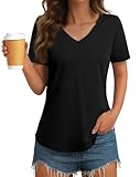 GKBK Womens T Shirts V Neck Short Sleeve Cotton Tops Summer Curved Hem Trendy Basic Tee Shirt Black M