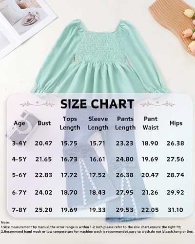 Image of XUANHAO Toddler Girls Clothes Puff Sleeve Smocked Shirt Flare Jeans Pant Outfits for Girl Bell Bottom Kids Girls Clothing Set