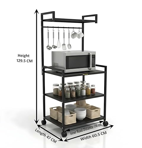 Image of 4 Tier Heavy Duty Microwave Stand with Wheels | Metal Kitchen Appliance Rack for Oven, OTG, Air Fryer | Storage Organizer Trolley (MS 4 Black)