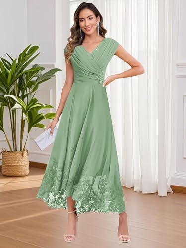 Tea Length Mother of The Bride Dresses Chiffon Lace V Neck Cap Sleeve A Line Long Formal Wedding Guest Dress4