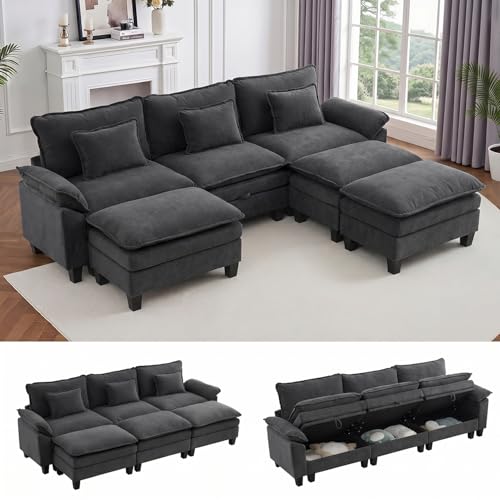 Image of IPKIG 117 inch Modular Cloud Couch with Storage, C Shaped Sectional Sofa | 3 Seater Dark Grey Velvet Deep Seat Sectional Couches with Ottoman and Pillow for Living Room, Apartment