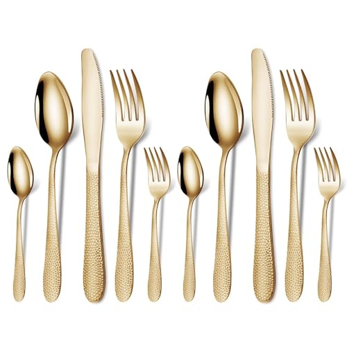 Image of aDai Hammered Aurum Gold Silverware Set | 10-Piece Premium Stainless Steel Flatware Set | Dishwasher Safe Cutlery Set for Home, Restaurant & Gifting