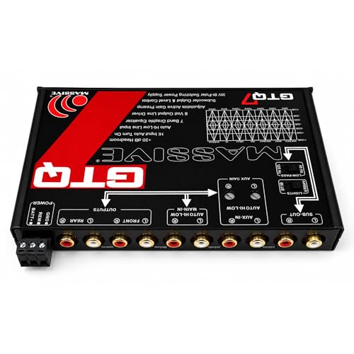 Image of Massive Audio GTQ7 | 7-Band Car Audio Graphic Equalizer - in-Dash 7V Line Driver, Adjustable Subwoofer Crossover, Dual RCA Inputs, High /Low Fader Control for Precision Sound Tuning