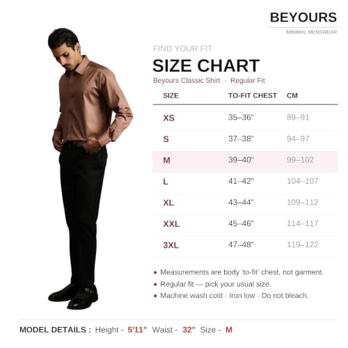 Image of BEYOURS Men's Full Sleeve Shirt Regular Fit Spread Collar 100% Cotton Satin Office & Formal.