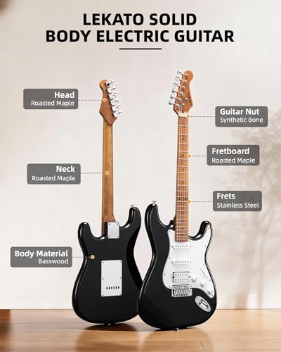 Image of LEKATO Electric Guitar Kit Beginner 39 Inch Full Size Solid Body Guitar HSS for Starter Roasted Maple Neck Fretboard Stainless Steel Frets, 5W Mini Amp, Bag, Tuner, Capo, Strap, String, Picks- Black