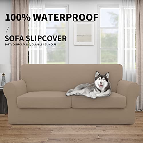 Image of Easy-Going Waterproof 3-Piece Oversized Loveseat Couch Covers for Sofa | 3-Piece Set Spandex Sofa Cover Slipcover Elastic Bottom Dog Pet Friendly Camel
