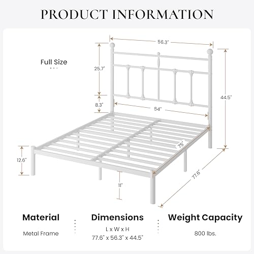 Image of SHA CERLIN Full Size Metal Platform Bed Frame with Victorian Vintage Headboard /Under Bed Storage /No Box Spring Needed /Easy Assembly /Noise Free /Mattress Foundation /White