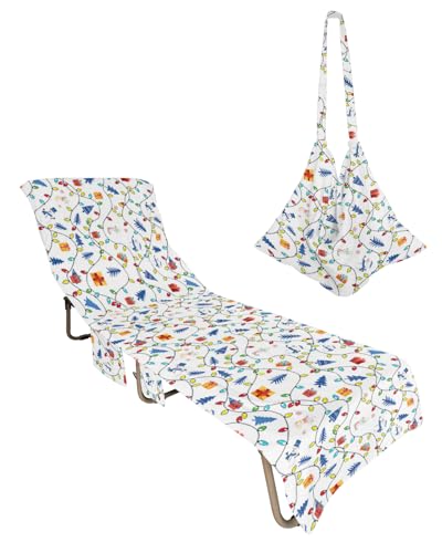 Christmas Beach Lounge Chair Towel Cover, Soft Chaise Lounge Towel with Side Pockets Patio Pool Chairs Cover for Beach/Pool Sunbathing 29x85 Colorful Lights Xmas Tree Winter Snowman Snowflake