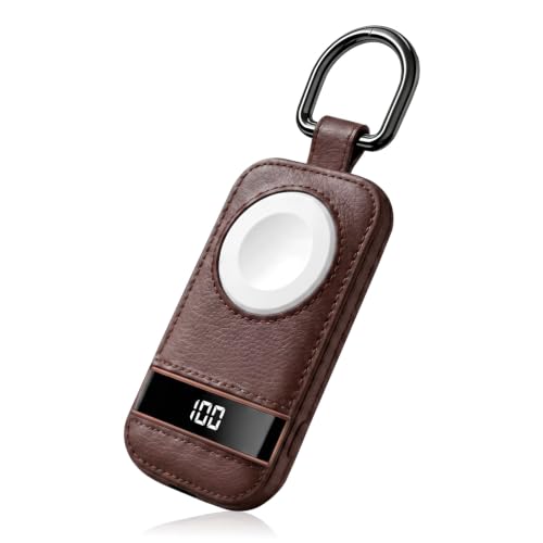 Image of 5W Fast Portable Charger for Apple Watch, 2500mAh & Digital Display - Magnetic Fast Charging iWatch Charger for Travel - for Apple Watch Series (Brown-Faux Leather)