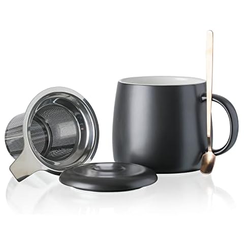 Henten Home Keramik Teetasse mit Sieb, Deckel und Löffel, 450ml, Groß Teebecher für Tee, Kaffee, Milch-Mikrowellen- und Spülmaschinenfest Cover
