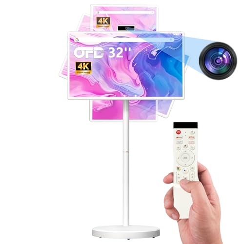 OFD 32 Zoll FHD Smart Portable TV auf Rädern,Rolling TV 1080P Touchscreen Android 15 OS Monitor,6GB RAM + 128GB Speicher, 8MP Kamera, Eingebauter 6–8H Akku,360° Drehbar, Sprachfernbedienung