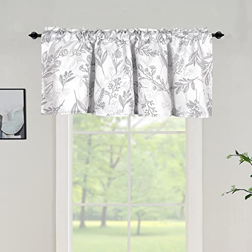 Leaves Floral Printed Valances For Kitchen Windows - Rod Pocket Room Darkening Short Curtain Valances For Dining Living Room/Bedroom/Bathroom/Farmhouse/Laundry/Cafe 1 Panel 52X18 Inches Long, Grey #TOP1