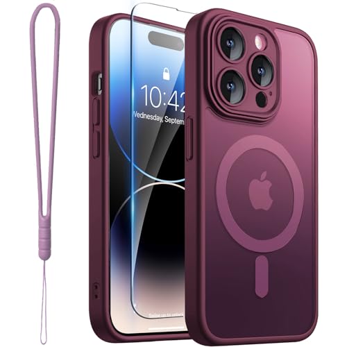 ROYBENS for iPhone 14 Pro-Max Matte Clear Case Compatible with Magsafe Full Camera Lens Protection Screen Protector Wrist Strap Translucent Magnetic Slim Hard Protective Phone Cover Wine-Red
