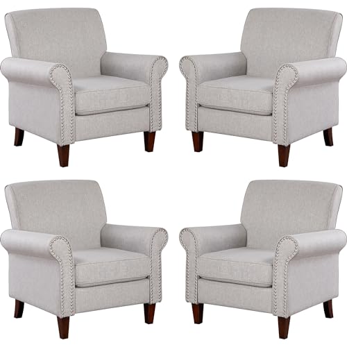 Prilinex Upholstered Living Room Chair Set of 4 - Large Comfy Fabric Accent Chair Single Sofa with Cushion, Rolled Armrest & Nailhead Trim, Mid Century Modern Armchair for Bedroom, Office, Grey