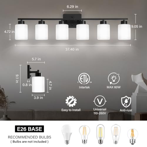 Image of FonmYim Black Bathroom Light Fixtures, 6-Light Modern Vanity Light Over Mirror, Wall Sconces with Milky White Frosted Glass Shades, E26 Socket (Bulbs Not Included)