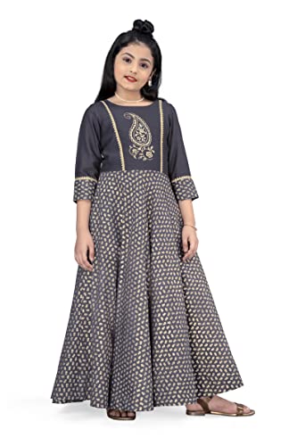 Image of Fashion Dream Girls Crepe Silk Maxi Length Foil Printed Dress|Maxi Dress|Long Dress|Printed Dress|Foil Printed Dress(Grey 7-8 Year)