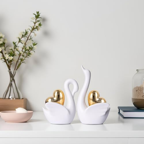 XMGZQ 2pcs White Ceramic Swan Couple Figurines,Elegant Swan with Gold Heart Statue,Wedding Gifts for Couples 2025,Mini Couple Statues Gifts for Newlyweds,Bedroom Dresser Shelf Decor Knick Knacks - Image 5
