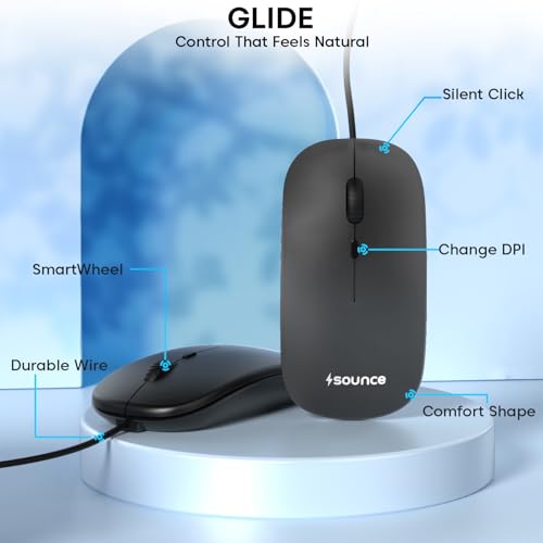 Image of Sounce Glide Ergonomic USB Wired Mouse with 1200 DPI Optical Sensor, 3 Button Plug and Play Design, Ambidextrous Comfy Grip and High Precision Tracking for PC Laptop Desktop SmartUsers (Black) Edition