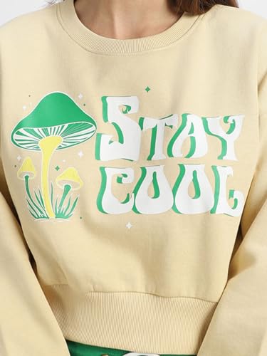 Image of JUNEBERRY Cotton Poly Fleece Regular Fit Beige & Black Graphic Print Full Sleeve Sweatshirt for Women