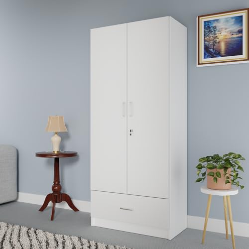 Image of VIKI Wardrobe | Wooden Almirah for 2 Door Wardrobe with 1 Drawer & Hanging Space (Frosty White - 40D x 80W x 180.8H) | 1 Year Warranty | Free Assembly