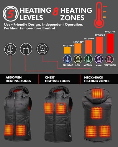 DUKUSEEK Heated Vest with Hood, Lightweight Battery Charged Electric Heating Vest with Detachable Hoodie for Hiking4