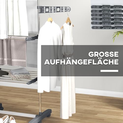 HOMCOM Wäschetrockner Turm Wäscheständer mit Rollen, 3 Ebenen, Klappbarer Standtrockner mit Seitenflügel, Wäscheturm für Indoor, Outdoor, Stahl Grau 142 x 55 x 152 cm