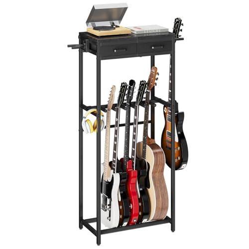 ELYKEN Guitar Stand, Guitar Rack with 2 Hangers and Storage Drawers for Guitar Accessories, Multiple...