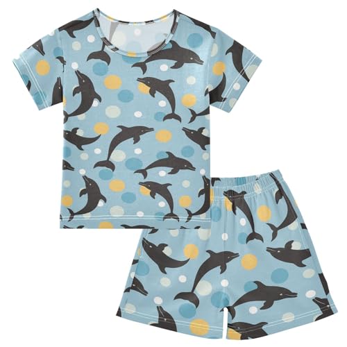 ALAZA Dolphin Silhouette Polka Dots Pajama Set Short Sleeve Sleepwear Soft Lounge Nightwear