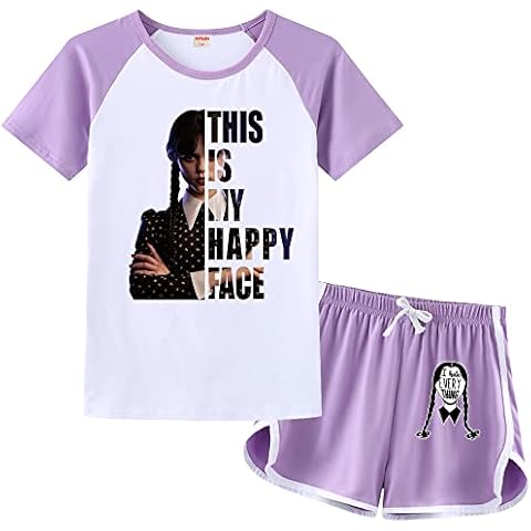 AXhyjin Wednesday Addams Girls Pyjama Sets Addams Family Kids Casual Outfits Shorts and Top 2-Piece Suits (Purple,9-10 Years) Cover