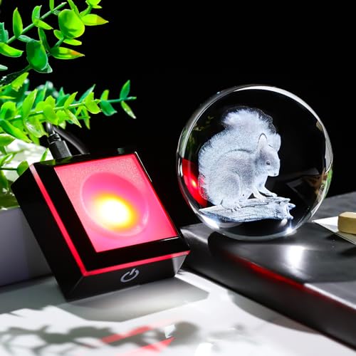 Image of Arikyrist 3D Squirrel Figurine Crystal Ball with Colorful Light Base, Laser Engraved Squirrel Gifts for Women Men on Christmas Birthday, Squirrel Ornament Glass Decorative Ball for Home Decor (80mm)