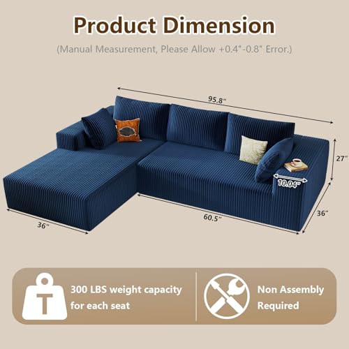 Image of 96 inch Modular Sectional Couch, Boneless L Shaped Cloud Sofa with Chaise Lounge, Corduroy Upholstered Couches Memory Foam Deep Seat, No Assembly Required, Ideal for Living Room(Blue, Left Facing)