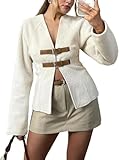 MOLERFO V Neck Cropped Cardigan Sweater Y2k Leather Buckle Woolen Jackets Elegant Dressy Fall Coat Women 2024 (White,Small)