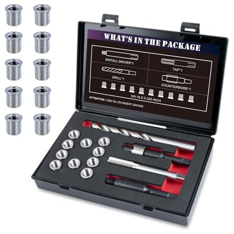 SENNMONN 3/8-16 SAE Thread Repair Kit with Insert HSS Drill, Tap, Counterbore, Installation Driver, 10PCS Stainless Steel Insert 3/8-16X0.520 INCH Cover