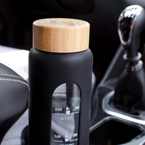 Image of Glass Water Bottle 1 Ltr with Protective Silicone Cover Borosilicate Glass Airtight, Leak-Proof Bamboo Lid,BPA-Free, Eco-Friendly,Reusable for Gym /Travel /Office /Home |Time Marker, Motivational (BLACK)