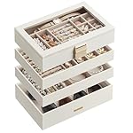 SONGMICS Stackable Jewelry Trays, 4-Tier Jewelry Box, Drawer Jewelry Organizer, with Glass Lid, Removable Dividers, for Vanity Table, 6.7 x 11 x 7.2 Inches, Gift Idea, Cloud White UJBC164W01