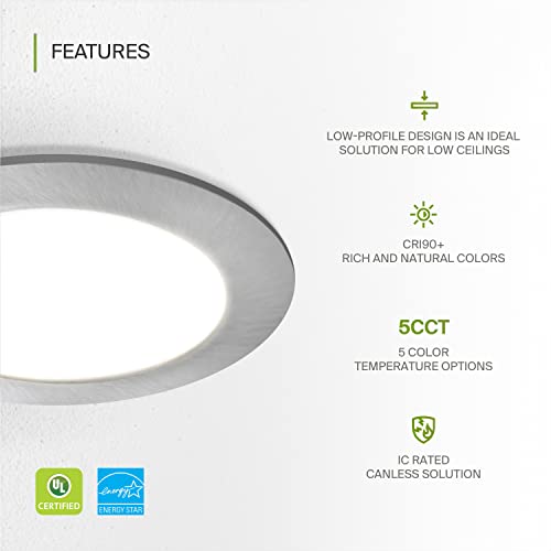 Asd Ultra Thin 4 Inch Brushed Nickel Led Recessed Lights, 5 Cct 2700K-5000K, 12W 50W Eqv, Dimmable Canless Ceiling Wafer Downlight With Junction Box, 893Lm High Brightness - Ul Energy Star 6 Pack #TOP2