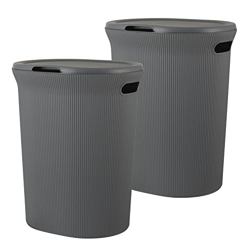 Image of Superio Ribbed Collection - Decorative Plastic Laundry Hamper with Lid and Cut-Out Handles, Grey (2 Pack) Basket Organzier for Bedroom Bathroom College Dorm Room 40 Liter