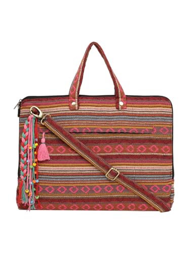 Image of The House of tara Office Laptop Bag for Women 13.3 And 15.6 Inch | Ideal For Office & Travel | Multicolour Embellished Handloom Fabric | MacBook Messenger Business Bag for ladies