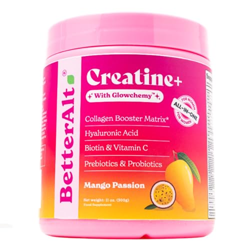 3g Creatine Monohydrate Powder with Glowchemy Collagen Builder Glutathione Hyaluronic Acid & Biotin | Creatine and Collagen Powder for Women | Mango Passion Flavor 30 Serving