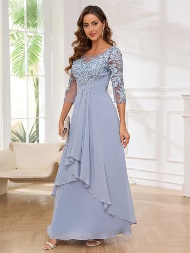 3/4 Sleeves Mother of The Bride Dresses for Women Lace Appliques Chiffon Formal Wedding Guest Dresses Ruched4