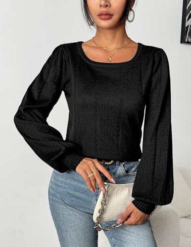 Image of HOTOUCH Sweaters for Women 2026 Fall Trendy Tops Casual Puff Sleeve Square Neck Cute Tunic Pullover Blouses XS-XXL