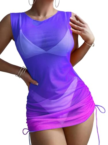 Image of ZAFUL Women Swimsuit Cover Up Dress Ombre Side Ties Sleeveless Sheer Mesh Bathing Suit Coverups Beach Dress
