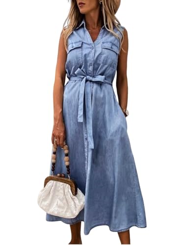 utcoco Womens Summer Casual Belted Sleeveless Denim Shirt Dresses Button A-Line Swing Jean Long Dress