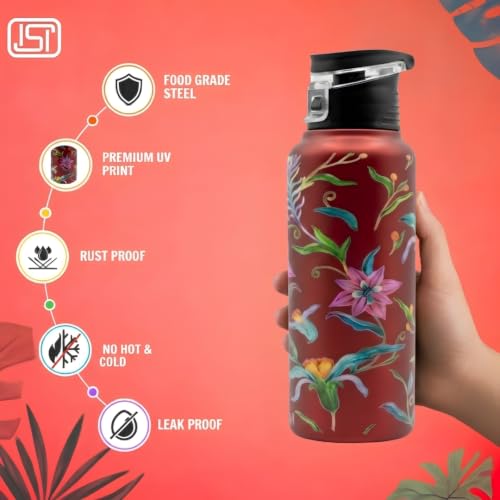 Image of VOIK Printed Stainless Steel Water Bottles for Kids, Office, Sports & Travel (750 ML) (Floral-Flipper)