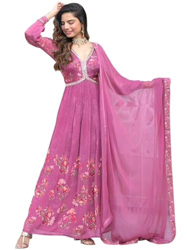 Image of KD Georgette Women's Anarkali Floral Printed Kurta Pant Set with Dupatta Kurta Kurti for Women