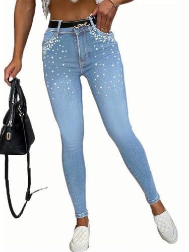 High Waisted Jeans for Women Stretchy Skinny Pearl-Embellished Long Denim Pants Tummy Control Sparkle Detailing