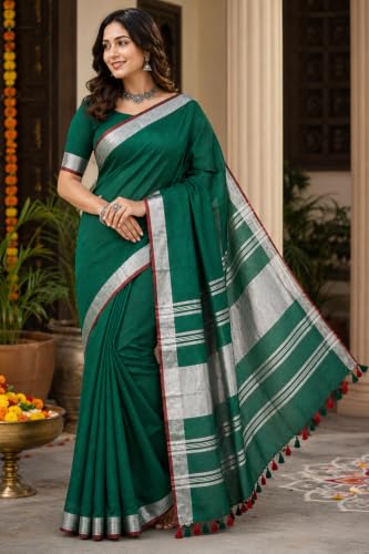 Image of HAIDER ALI AND SONS Grey Cotton Linen Saree for Women | Soft Linen Slub Blend Saree with Running Blouse Piece | Lightweight Handloom Style Saree | Office, Casual, Party & Festival Wear