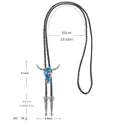 Image of GelConnie Mens Western Bolo Tie Blue Longhorn Skull Cowboy Necktie Cord | Blue Longhorn Western Bolo Tie with Cactus Motif, Adjustable Faux Leather Cord for Cowboy Ties for Men and Rodeo Outfit Style